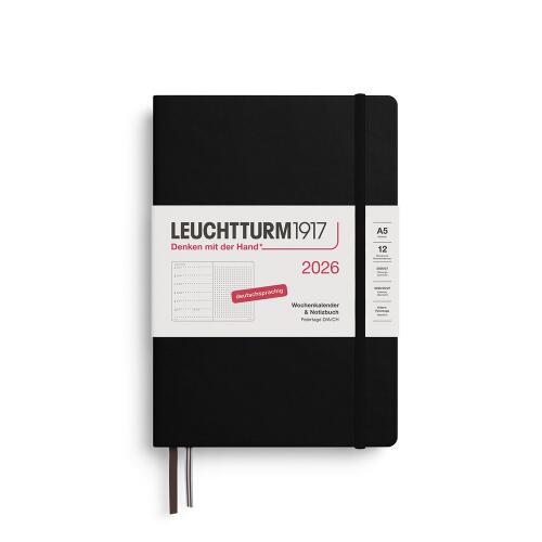 Leuchtturm1917 Wochenkalender 2026 & Notizbuch Dotted Medium A5 Hardcover Schwarz