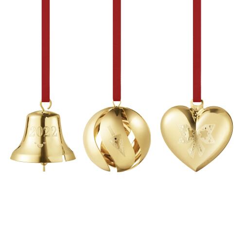 Georg Jensen Weihnachtsschmuck 2022 Geschenkset Glocke, Kugel und Herz Goldauflage